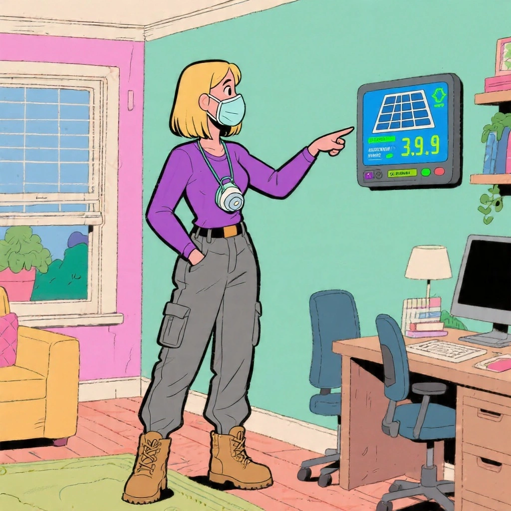 An insulation specialist pointing at a home energy monitor showing solar generation and import/export figures