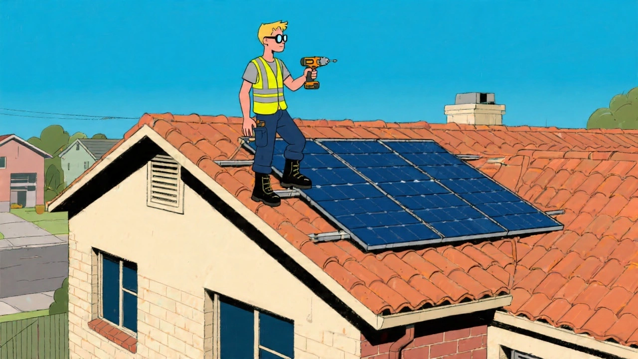 An HVAC technician installing solar panels on an Australian brick veneer home rooftop