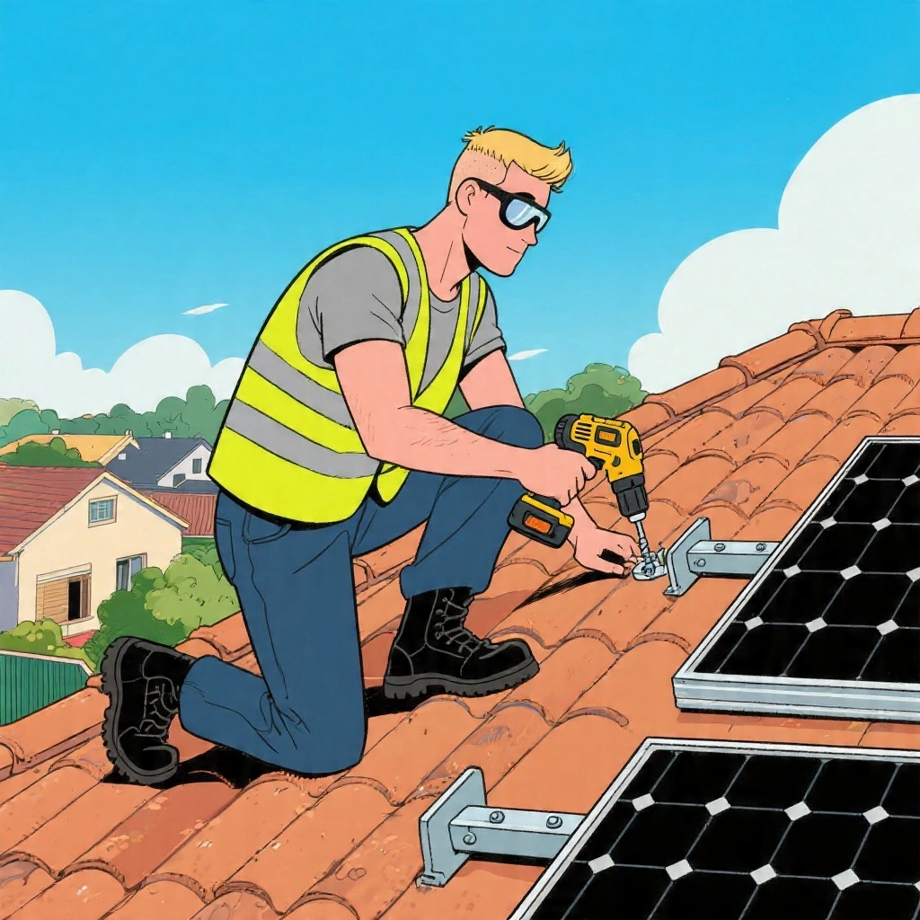 An HVAC technician installing solar panel mounting rails on an Australian terracotta tiled roof