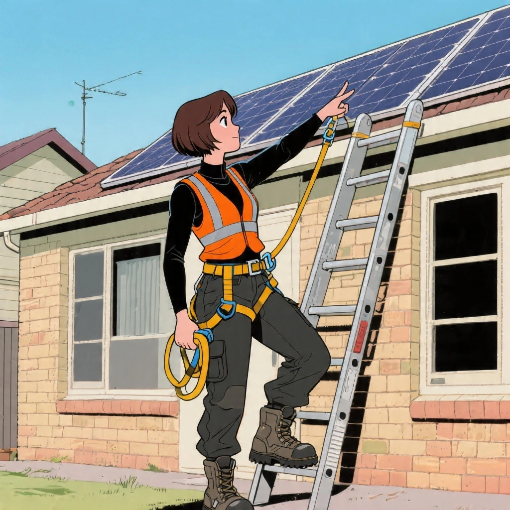 A safety expert holding a harness and pointing at rooftop solar panels on an Australian home