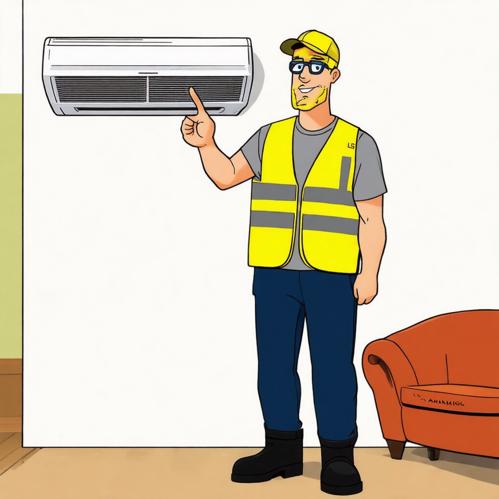 Tradesperson pointing to open split system filter compartment