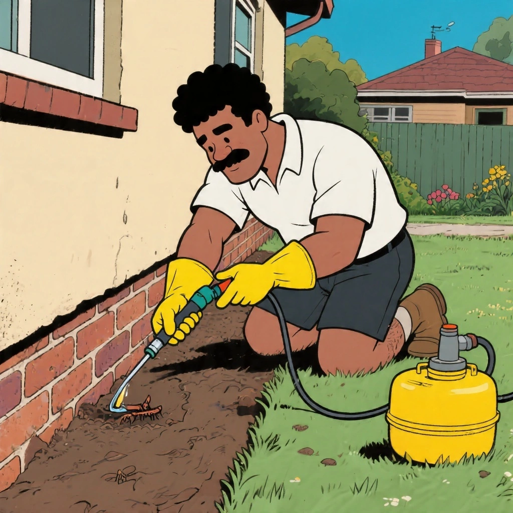 A pest control specialist applying liquid termiticide treatment around the perimeter foundation of a Melbourne home to create a chemical barrier against termites