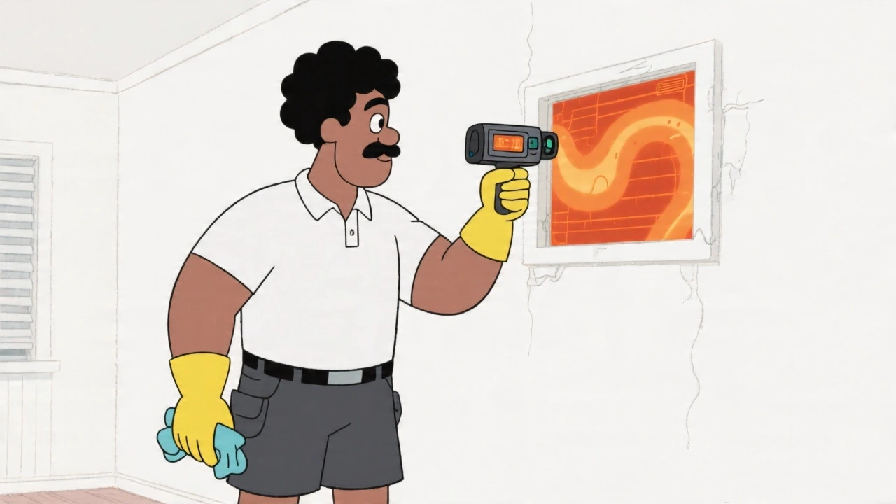 A pest inspector using a thermal imaging camera to detect termite activity in the timber framing of a Melbourne home during a professional termite inspection