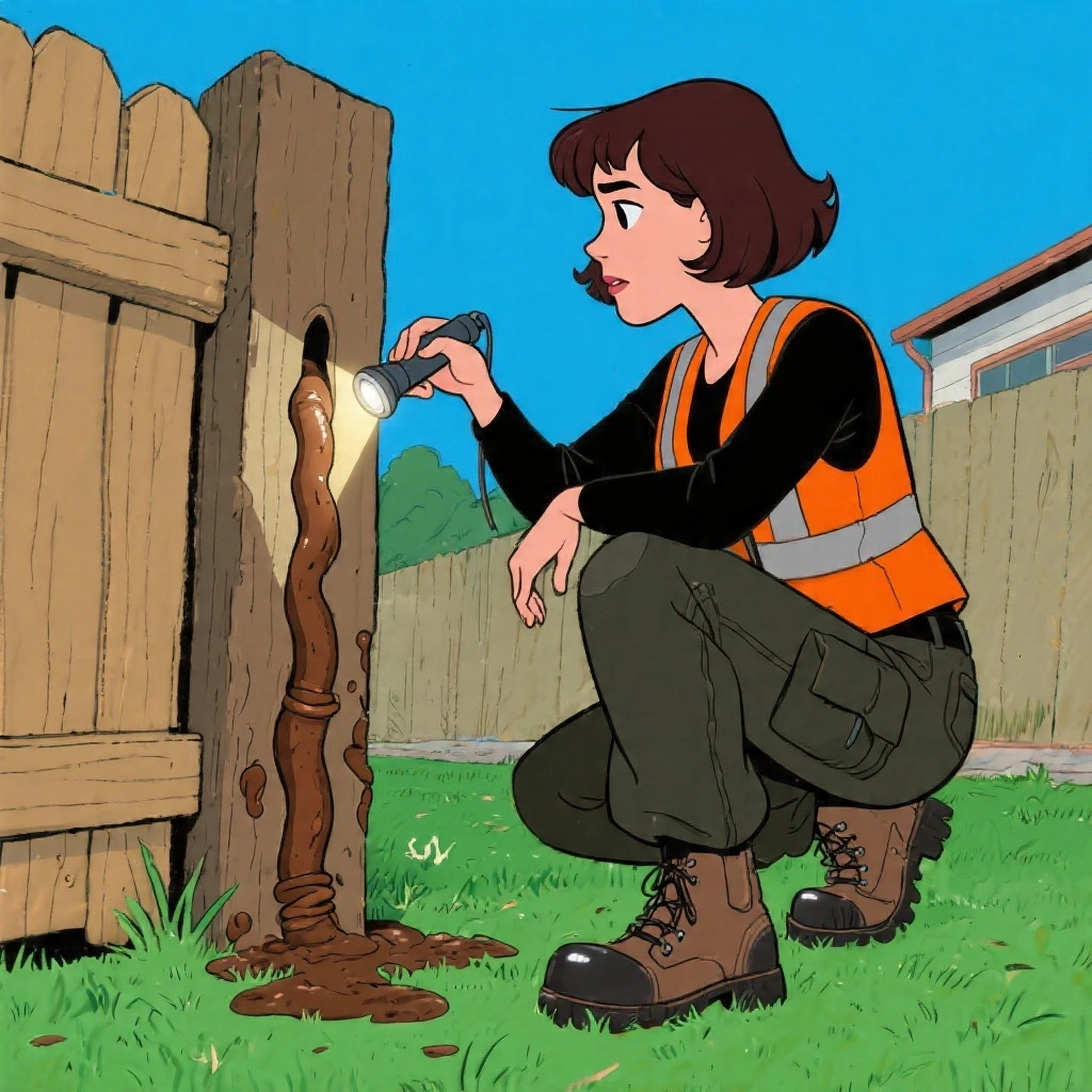 A safety expert in hi-vis orange vest inspecting mud tubes along the base of a timber fence post, demonstrating visible signs of termite activity in an Australian backyard