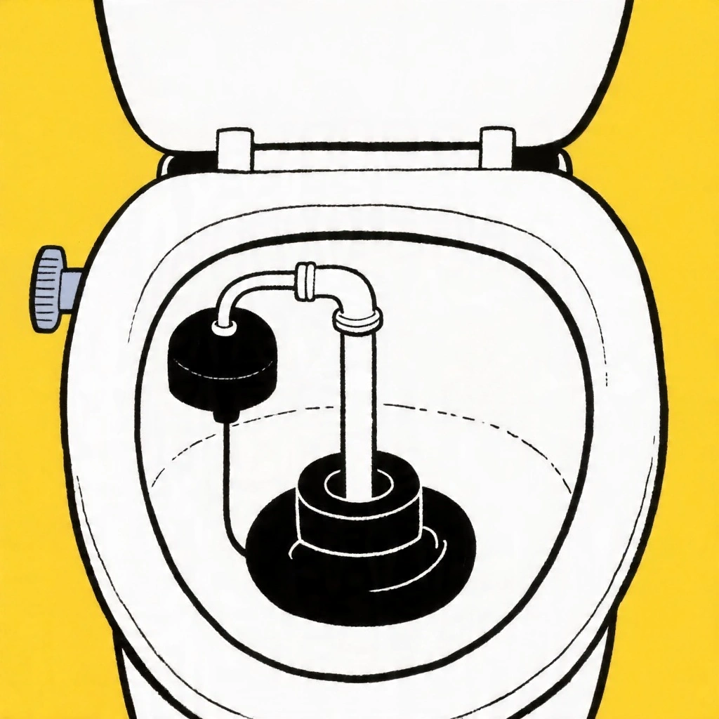 Labelled diagram-style cartoon showing toilet cistern internals — flapper at bottom, fill valve on left side, float arm with ball float, and overflow tube in centre