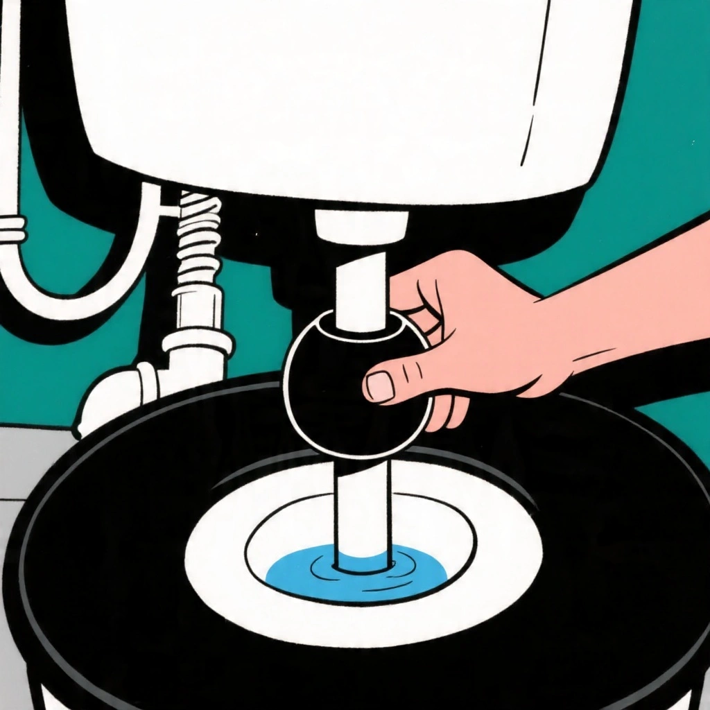 Close-up cartoon of a toilet cistern float adjustment — a plumber pinching and sliding a float cup downward on a modern fill valve shaft to lower the water level
