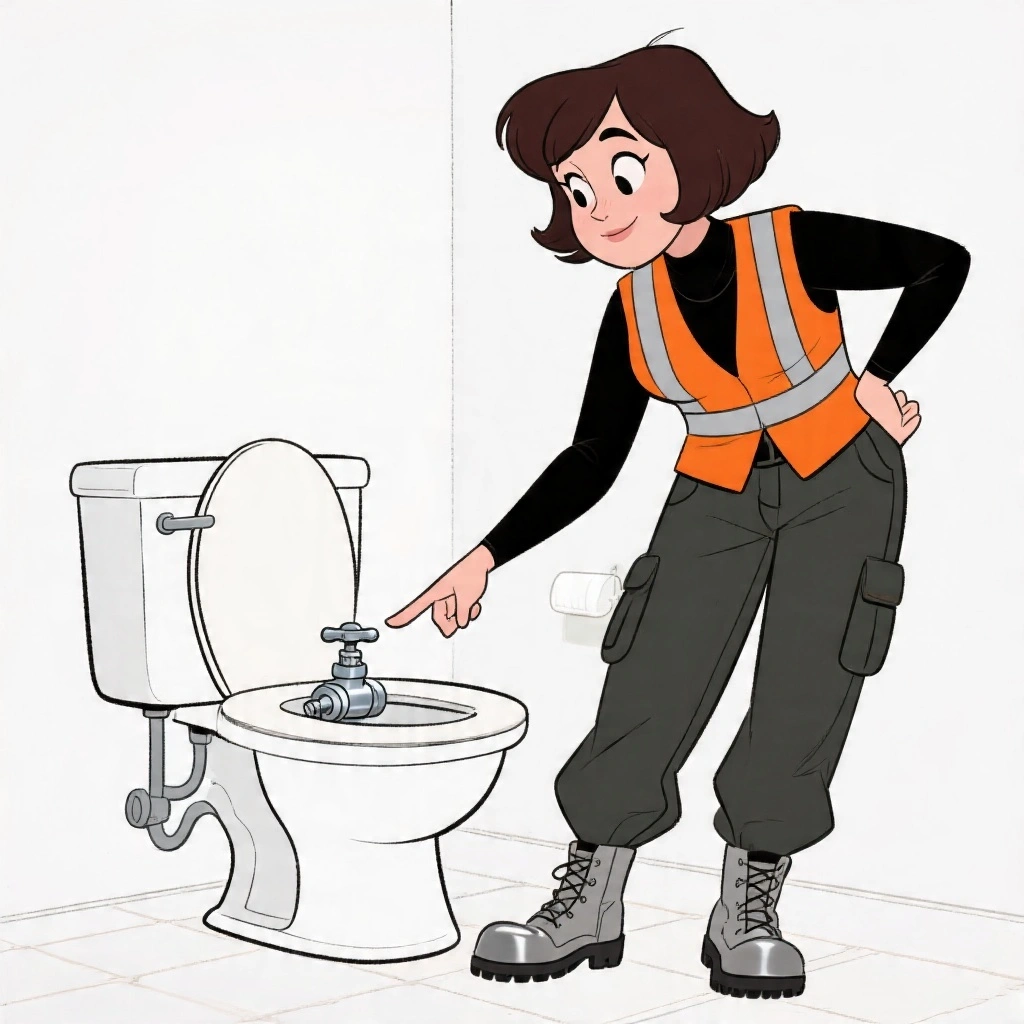 An HVAC-and-safety specialist in hi-vis orange vest pointing to the isolation valve at the base of a toilet, demonstrating proper valve operation in an Australian bathroom