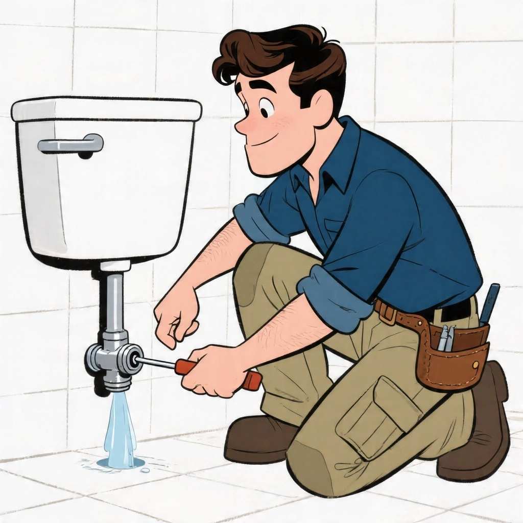A plumber kneeling beside a toilet, using a flat-head screwdriver to turn the isolation valve clockwise to shut off the water supply before repair