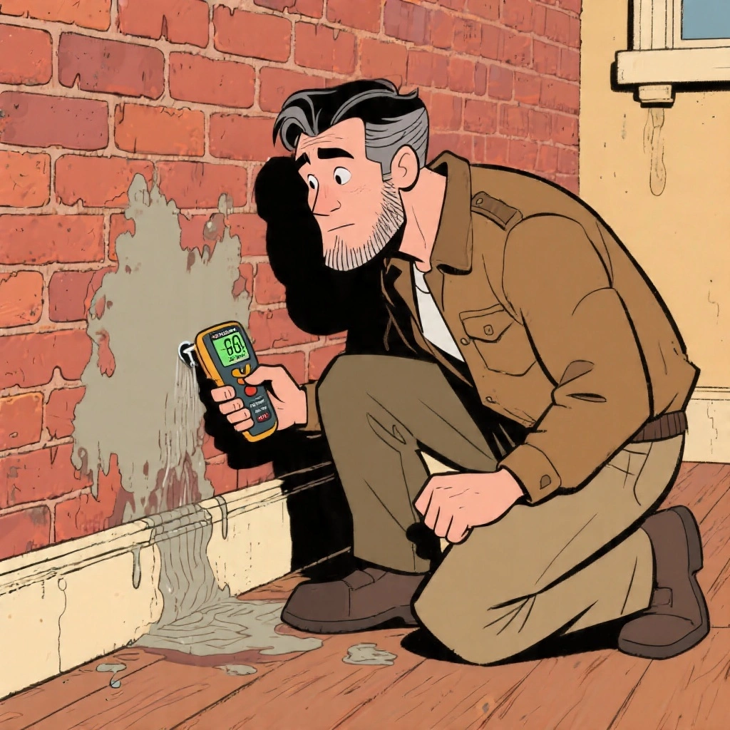 Checking a classic rising damp tide-mark with a moisture meter — the tell-tale horizontal stain line