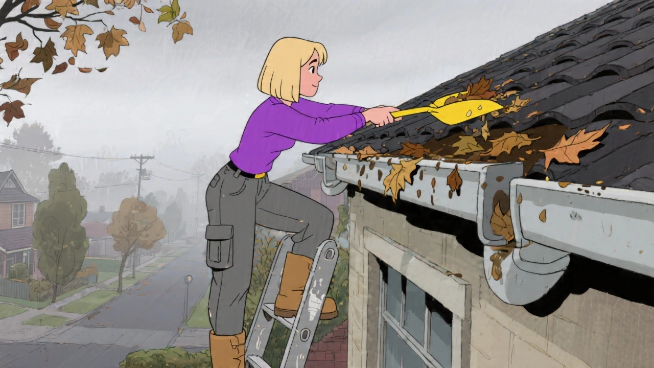 A homeowner in warm clothes cleaning autumn leaves from gutters using a scoop, with a misty Melbourne winter morning visible in the background
